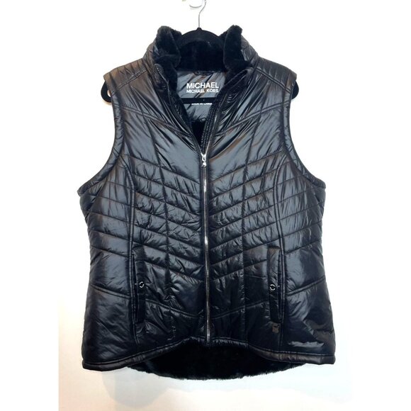 Michael Kors Puffer Zip Front Faux Fur Lined Black Vest Size Extra Large XL - Picture 2 of 10
